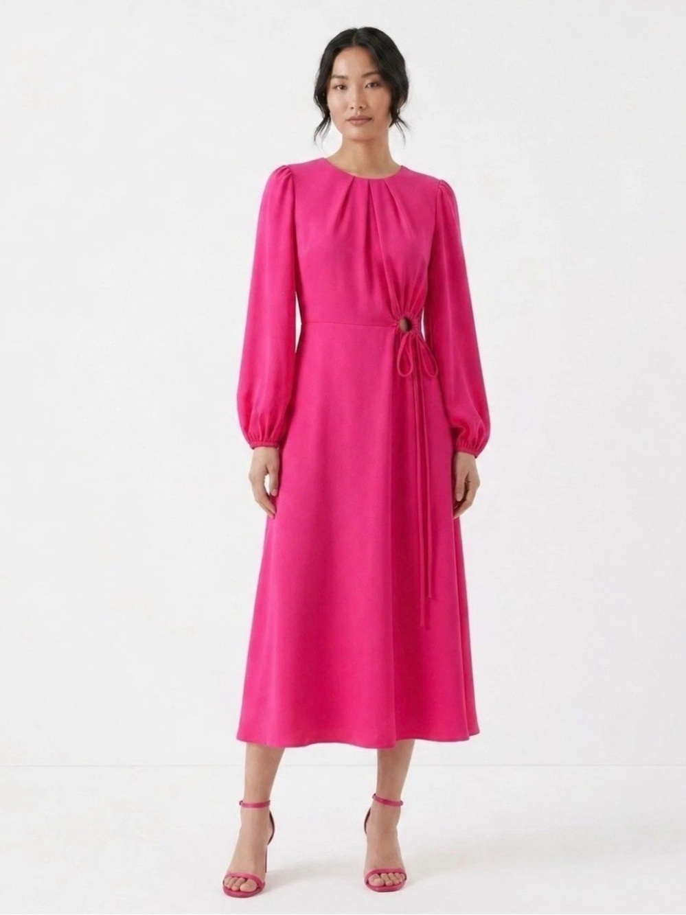Cabi Delight Midi Dress O-Ring Cinched Waist Solid Pink Puff Sleeve Barbie Sz M